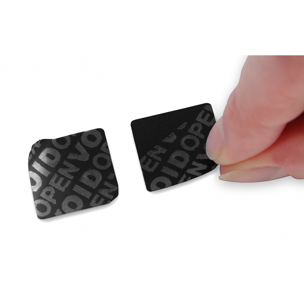 Nereziduální čierna štvorcová VOID samolepka s vysokou priľnavosťou 20x20mm