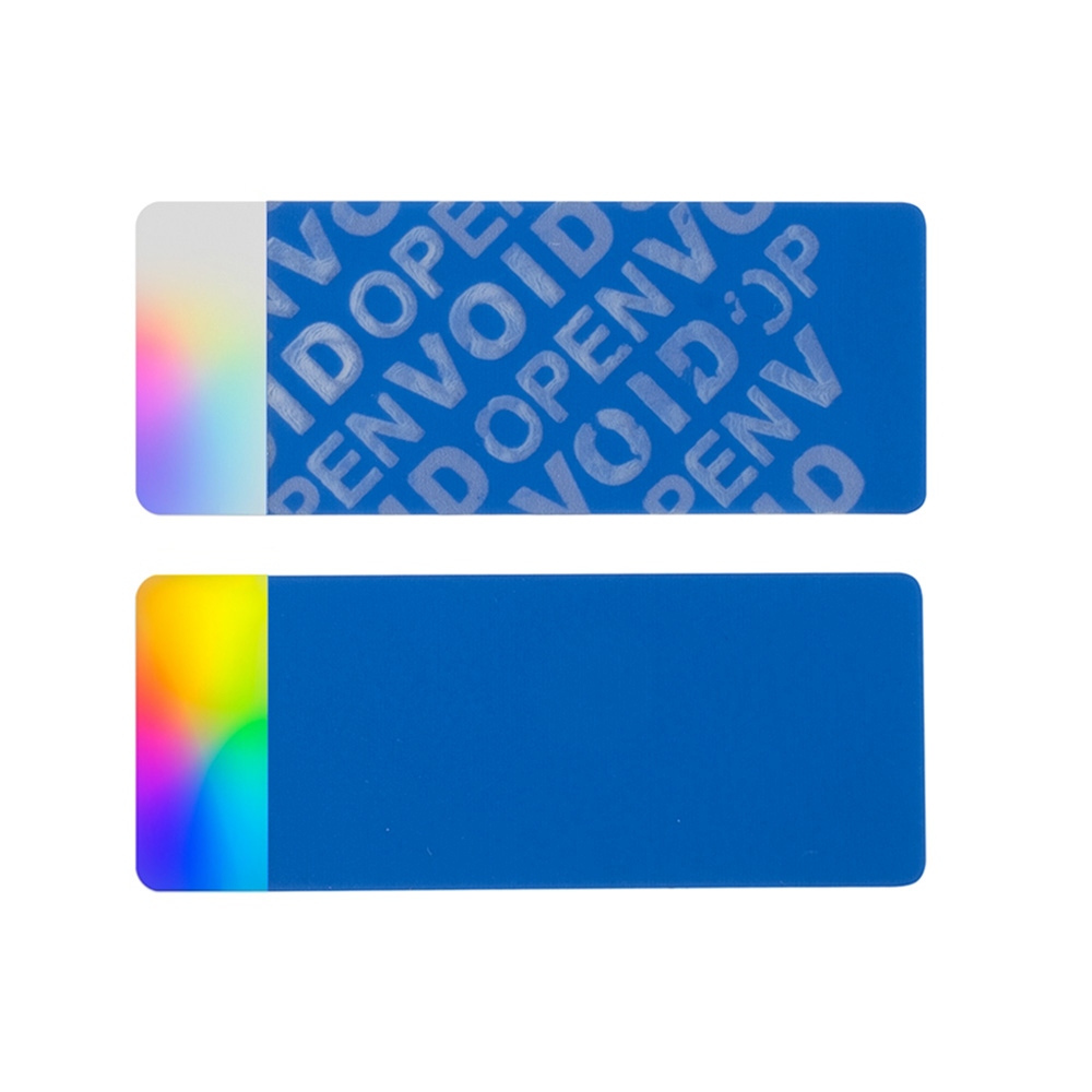 Modrá nereziduálna VOID obdĺžniková plomba s čistým strieborným hologramom 50x20mm